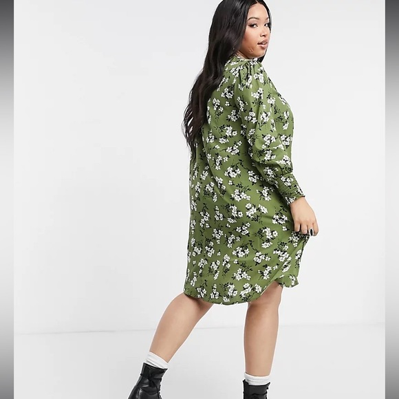 ASOS Curves New Look Avocado Green Amelie Floral Balloon Sleeve Smock Dress #RW - Picture 2 of 12